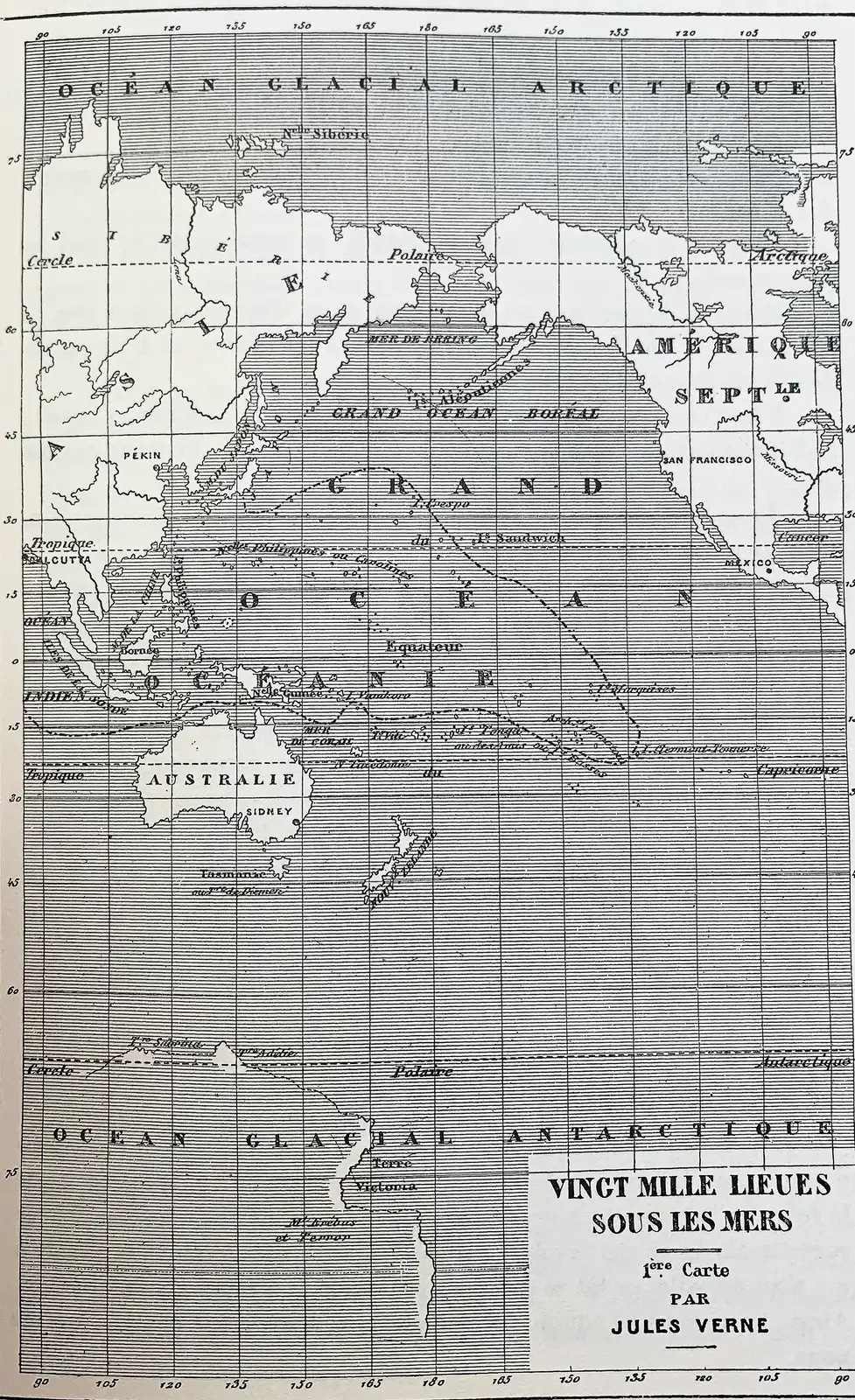An engraved map from the illustrated French edition tracing the route of the Nautilus in a dotted line across the Pacific, Indian and Atlantic oceans