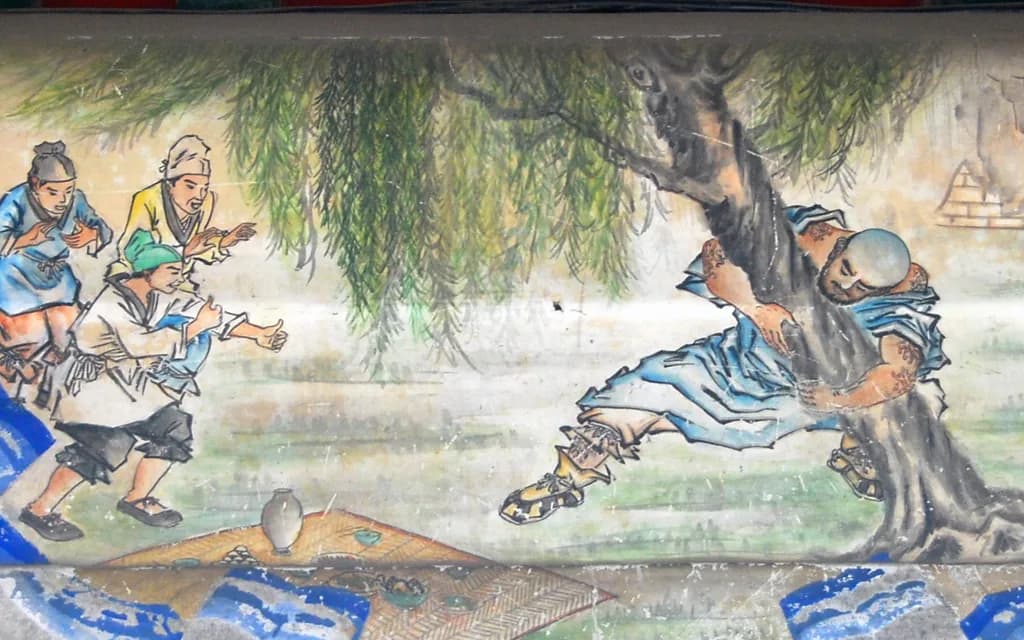A painted panel on the Long Corridor of the Summer Palace showing Lu Zhishen bracing himself against a willow tree while onlookers watch