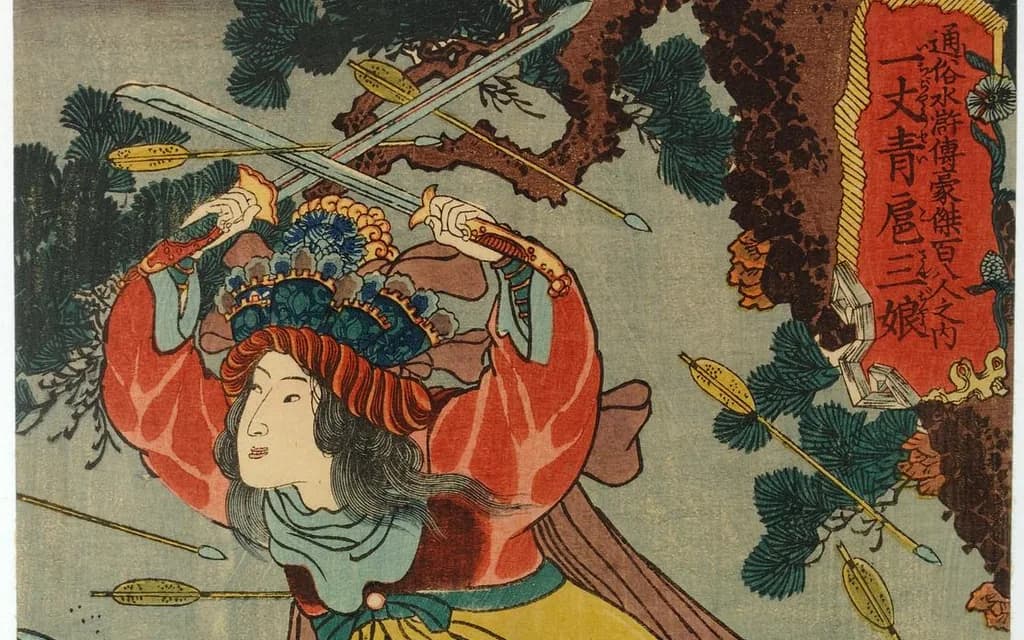 A Japanese woodblock print of Hu Sanniang, the outlaw known as Ten Feet of Green, raising two swords as arrows fly past her