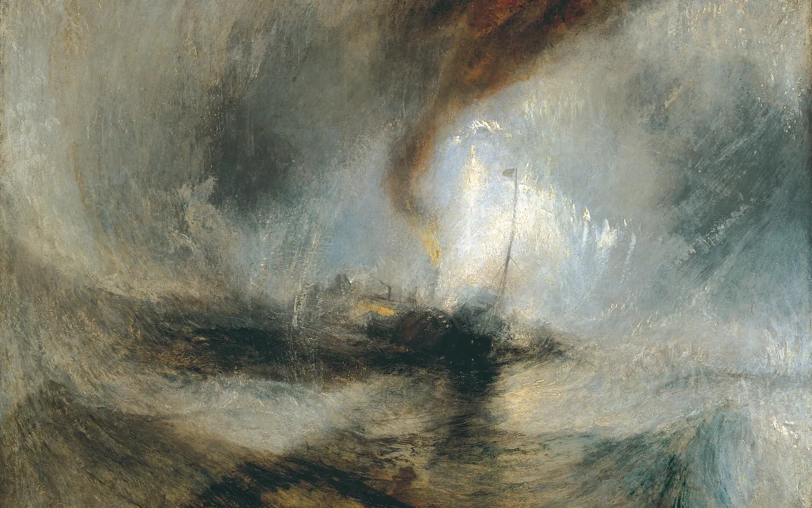 J.M.W. Turner's painting of a swirling vortex of grey-green sea and sky around a dark steamboat, its single mast barely visible, with a reddish streak of smoke rising through wind-blown spray