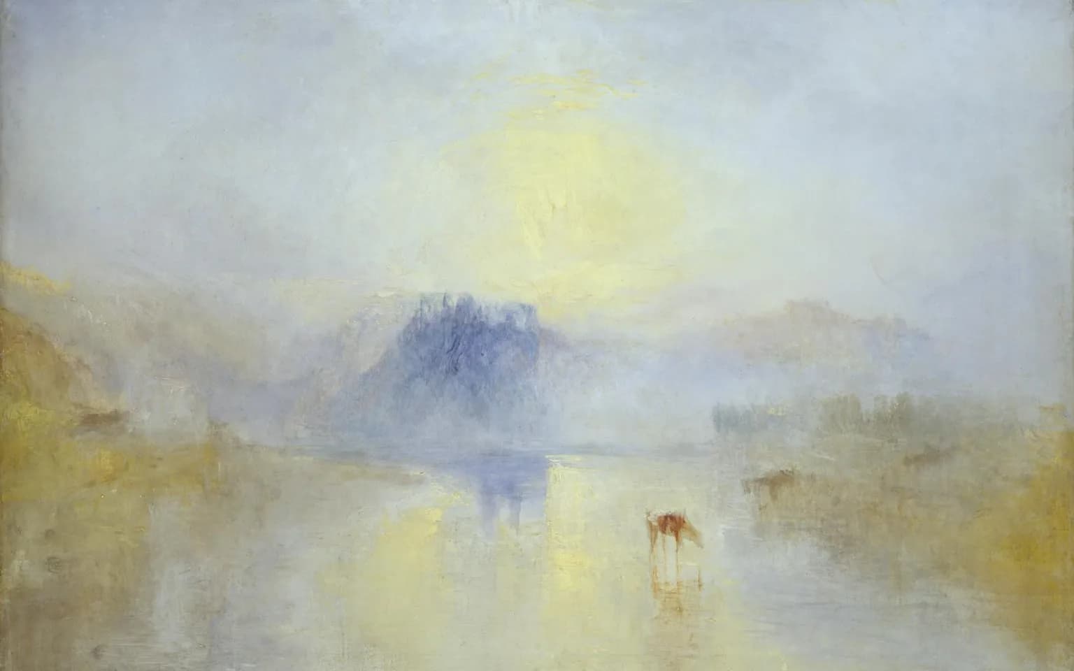 J.M.W. Turner's painting of a hazy golden sun low over a calm river, its light reflected in the water, with a castle ruin showing as a soft blue-grey silhouette in mist on the far bank
