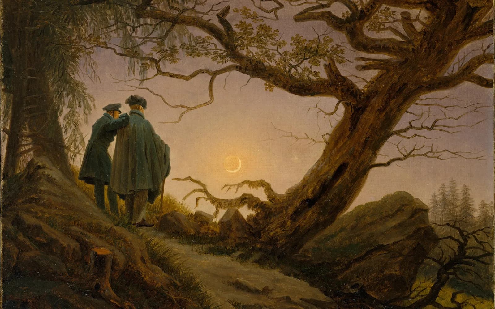 Caspar David Friedrich's painting of two cloaked men standing close together on a rocky path with their backs to the viewer, beneath the bare branches of a leaning oak, a crescent moon in a dusky sky