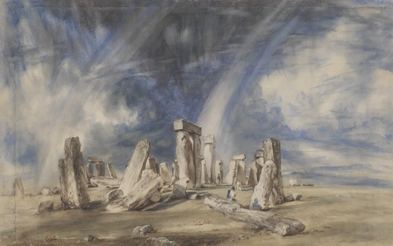 John Constable's watercolour of the standing stones at Stonehenge on open grassland under a turbulent sky of dark diagonal cloud and a faint double rainbow, with two tiny figures near the stones
