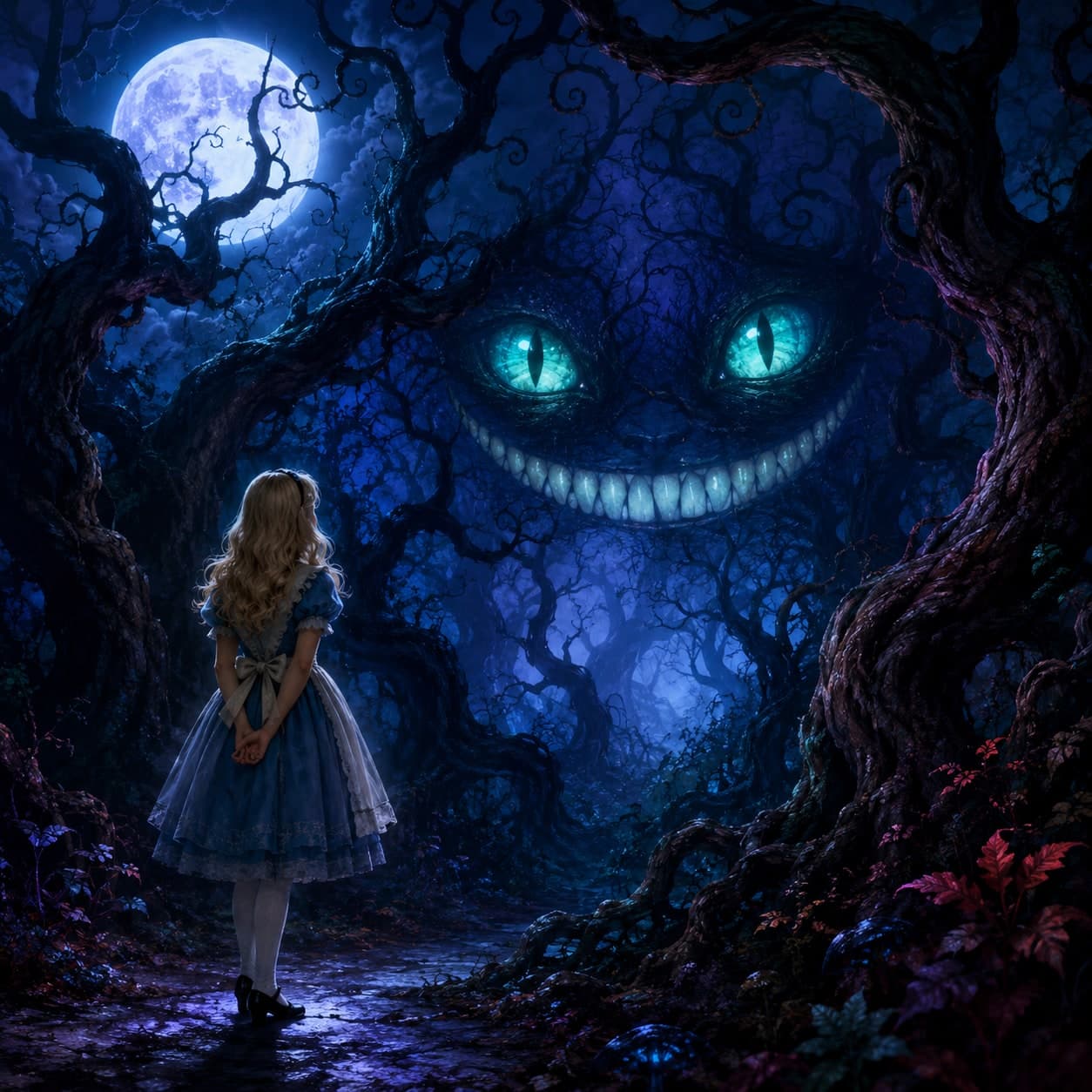 Alice facing the glowing grin of the Cheshire Cat in a moonlit forest — Alice in Wonderland cover art for the Saylia podcast
