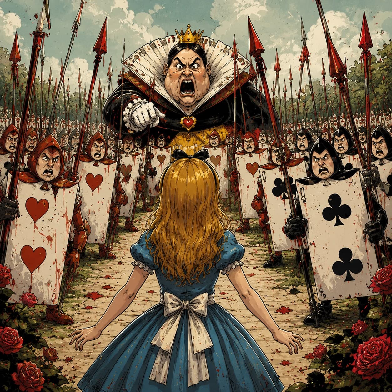 Alice facing the Queen of Hearts and her army of cards — Alice in Wonderland cover art for the Saylia podcast