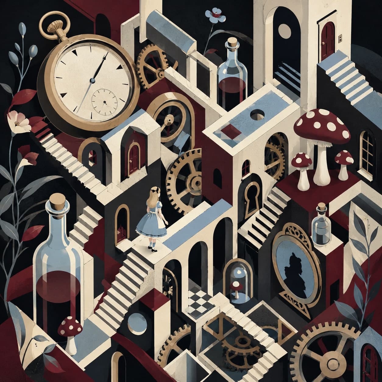 A tiny Alice amid an impossible Escher-like maze of staircases, doors, clocks and bottles — Alice in Wonderland cover art for the Saylia podcast