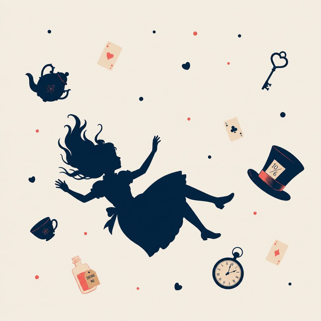 Alice falling in silhouette amid a teapot, playing cards, a key, a top hat and a pocket watch — Alice in Wonderland cover art for the Saylia podcast