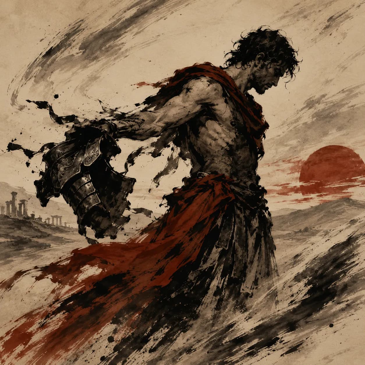 Mark Antony walking alone into the desert, turning his back on Rome — Antony and Cleopatra cover art for the Saylia podcast