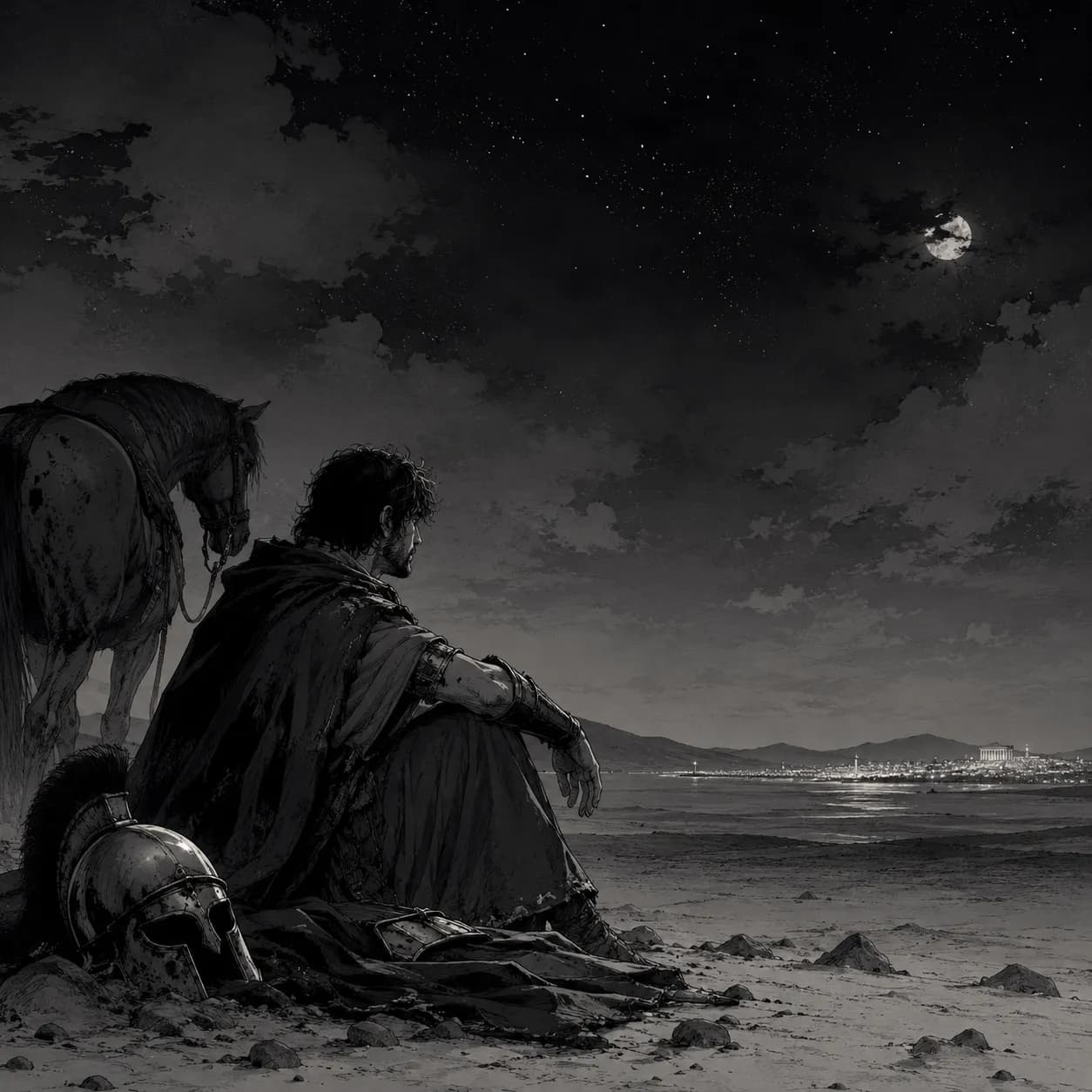 A lone soldier keeping a quiet watch by the moonlit sea — Antony and Cleopatra cover art for the Saylia podcast