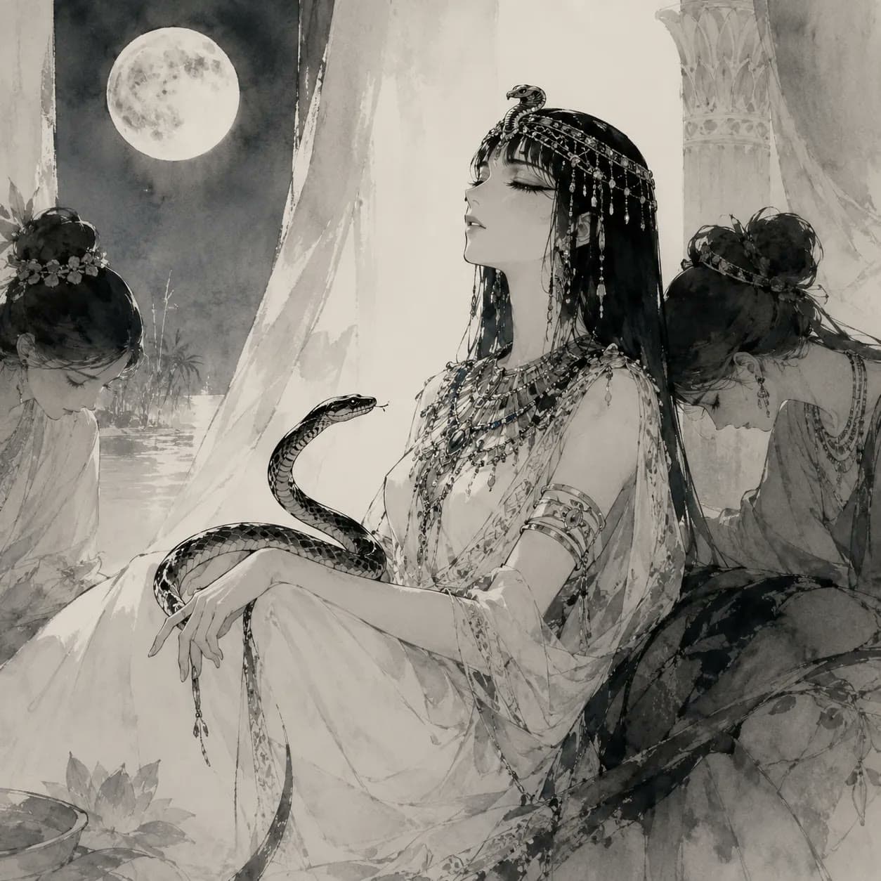 Cleopatra reclining with the asp under a pale moon, in ink-wash — Antony and Cleopatra cover art for the Saylia podcast