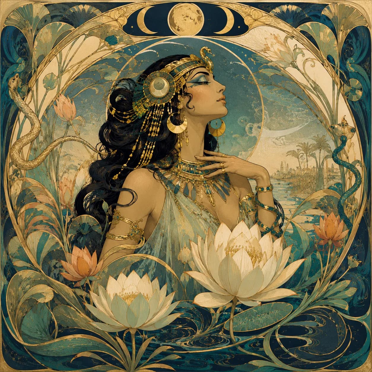 Cleopatra's profile layered beneath three moons in different phases — Antony and Cleopatra cover art for the Saylia podcast