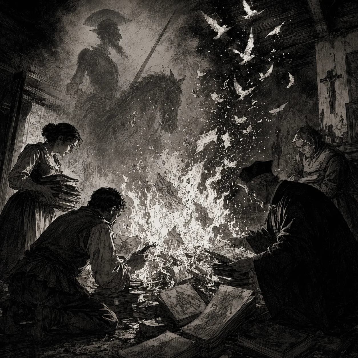His friends burning his library of chivalry novels by candlelight — Don Quixote cover art for the Saylia podcast
