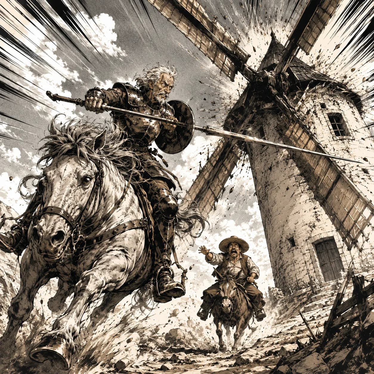 Don Quixote charging a row of windmills under a wide pale sky — Don Quixote cover art for the Saylia podcast