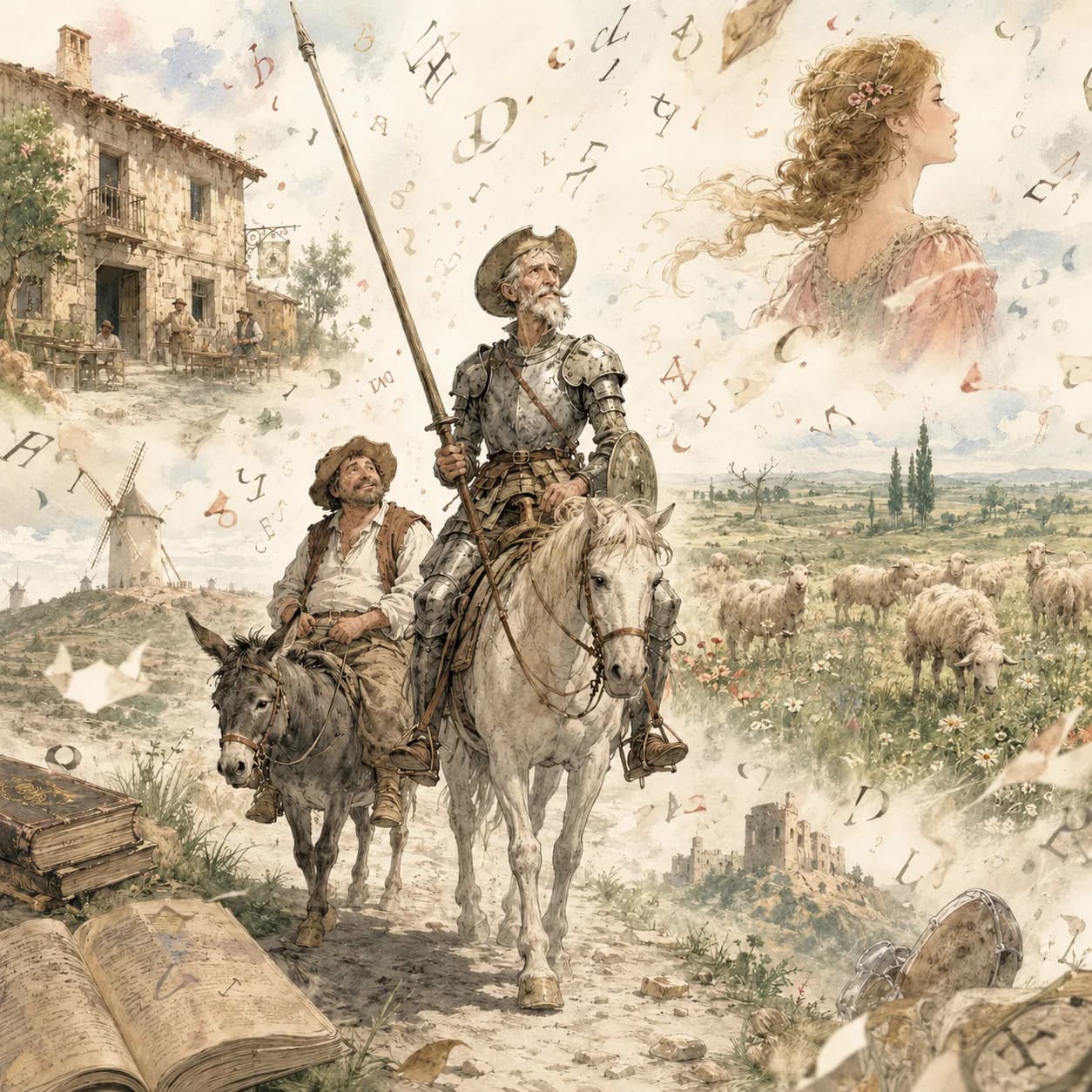 Don Quixote and Sancho Panza riding side by side down a dusty road — Don Quixote cover art for the Saylia podcast