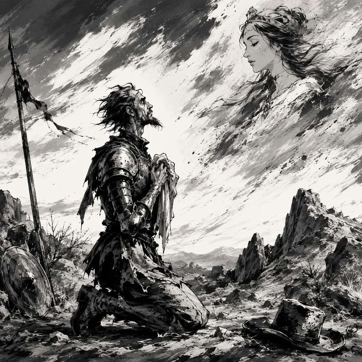 A woman's face imagined in the clouds above La Mancha — Don Quixote cover art for the Saylia podcast