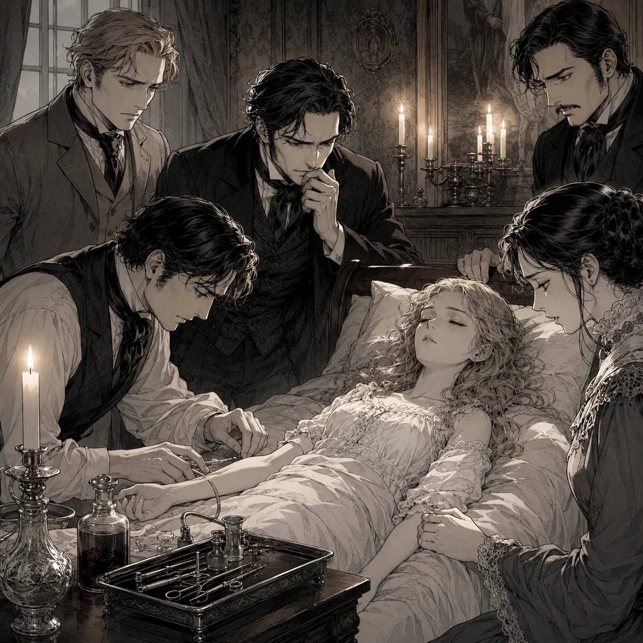 A pale figure at a candlelit sickbed — Dracula cover art for the Saylia podcast