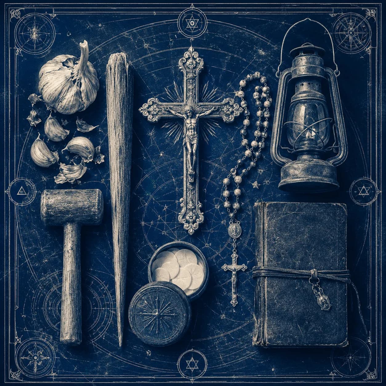 A vampire-hunter's kit — garlic, crucifix, rosary, stake, mallet and lantern — Dracula cover art for the Saylia podcast