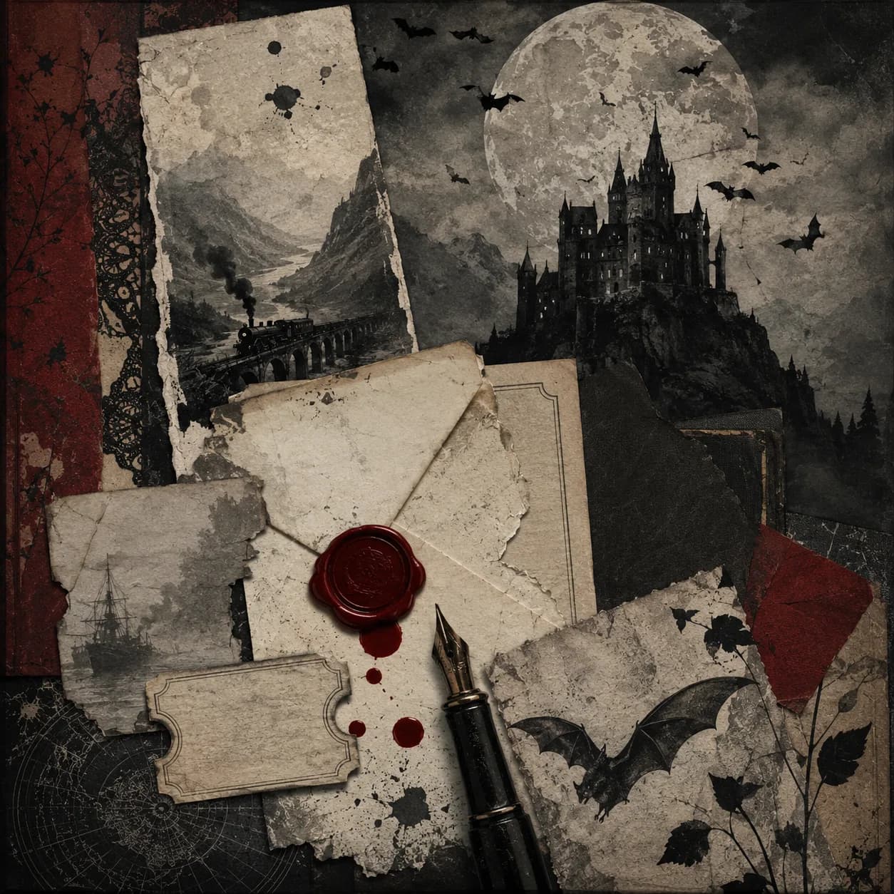 A collage of letters, telegrams and diary pages — Dracula cover art for the Saylia podcast