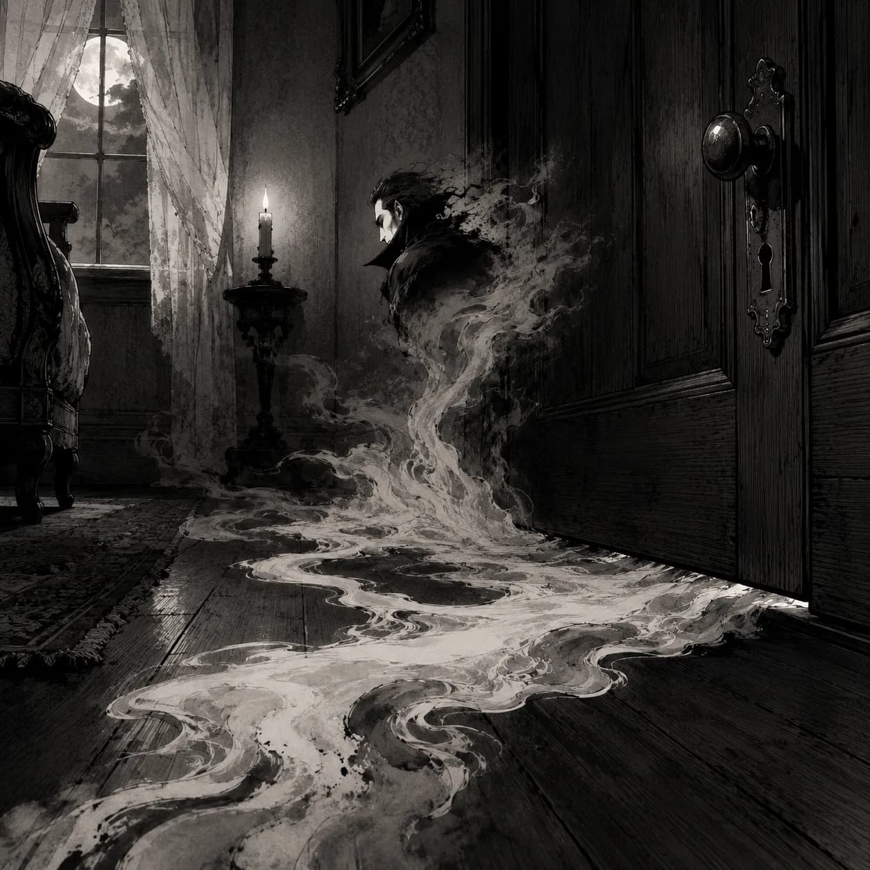 Mist curling under a closed door — Dracula cover art for the Saylia podcast
