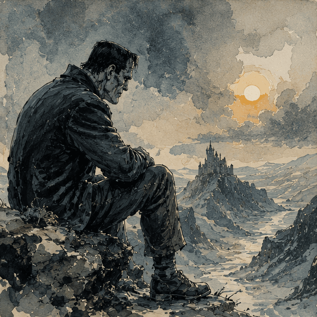 Frankenstein's creature as the outcast — book-cover artwork for the Saylia podcast