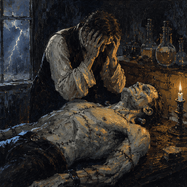 Grief in Frankenstein — book-cover artwork for the Saylia podcast