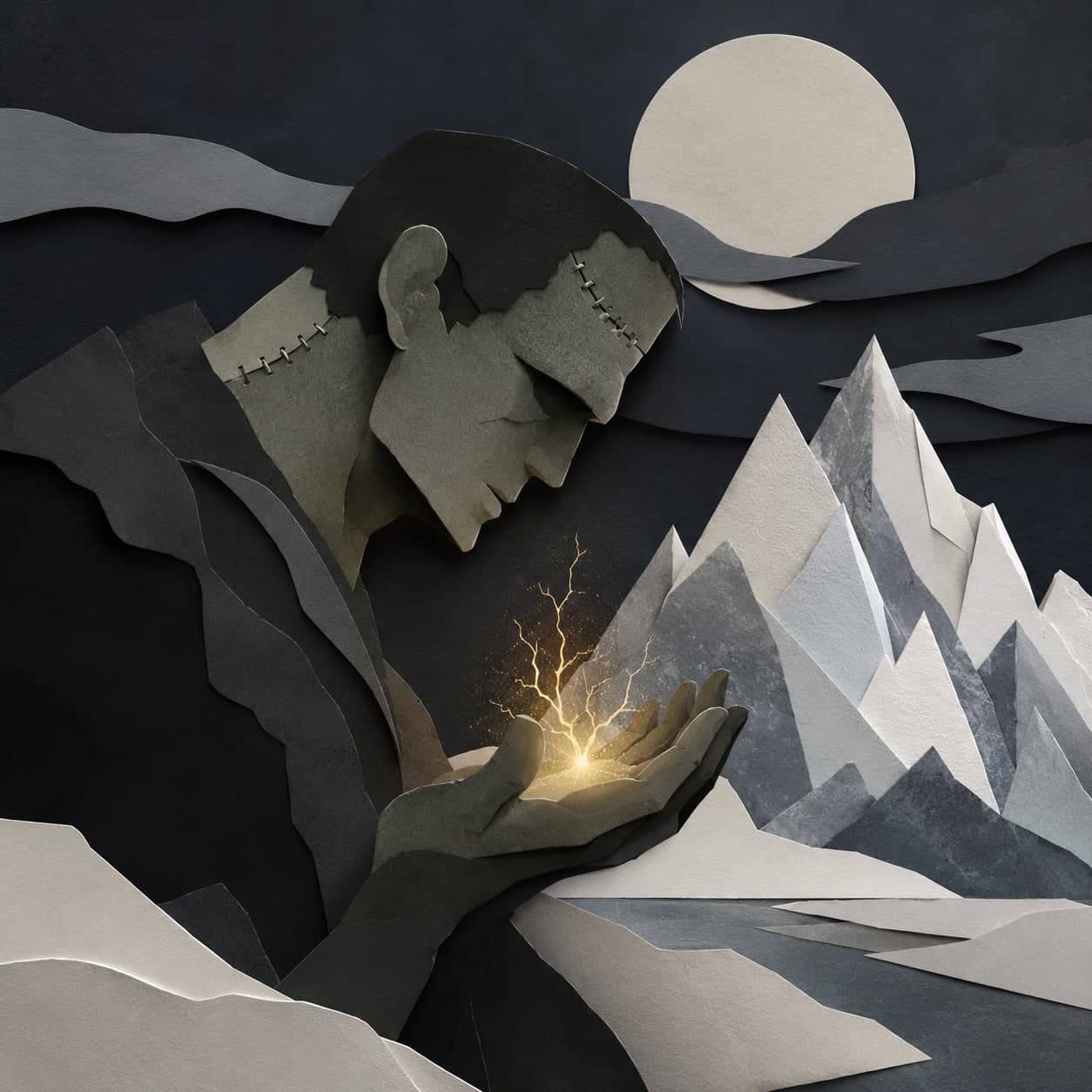 Frankenstein's creature cupping the spark of life before moonlit mountains, papercraft style — Frankenstein book-cover artwork for the Saylia podcast