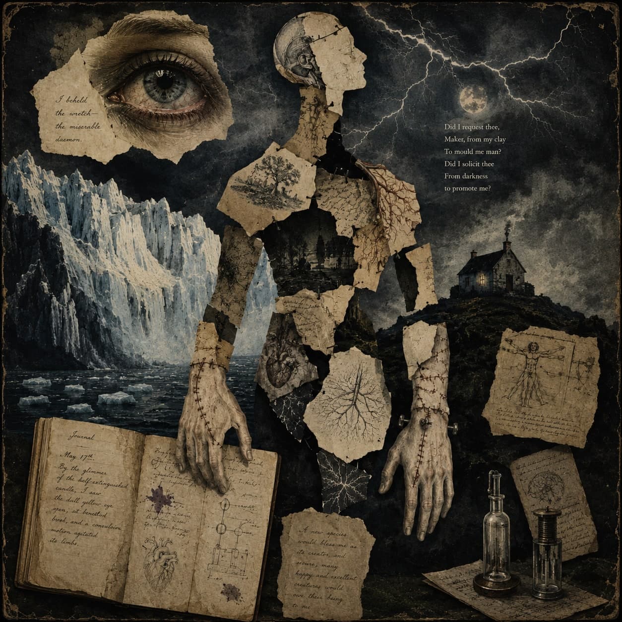 A collage of the creature's stitched body, his maker's journal, and Milton's line 'Did I request thee, Maker, from my clay to mould me man?' — Frankenstein book-cover artwork for the Saylia podcast