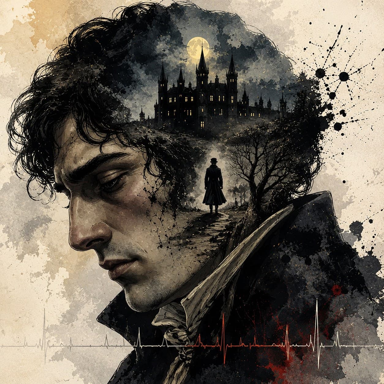 Victor Frankenstein brooding, a moonlit castle in his hair — Frankenstein book-cover artwork for the Saylia podcast
