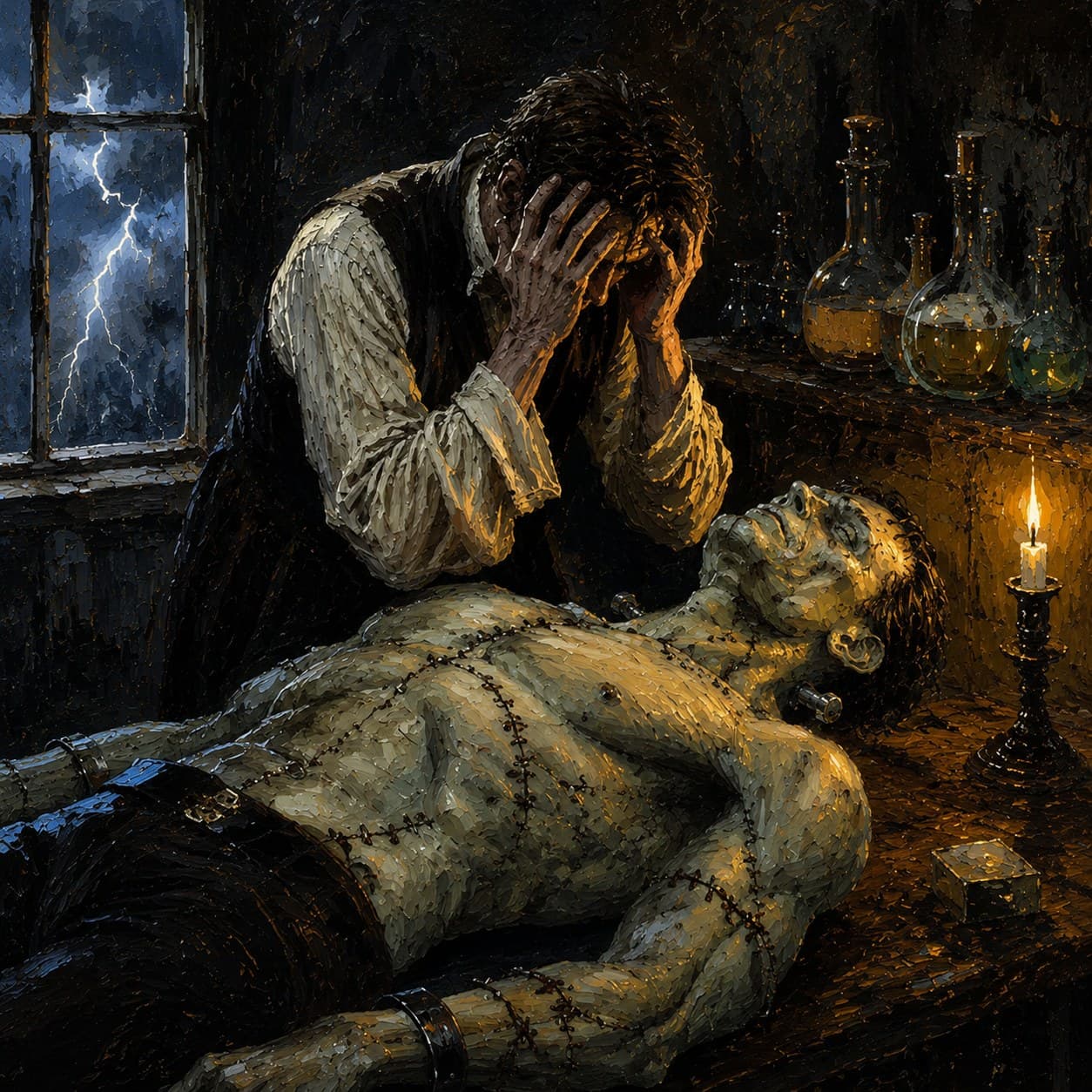 Victor Frankenstein, head in his hands, recoiling from the creature he has just brought to life — Frankenstein book-cover artwork for the Saylia podcast