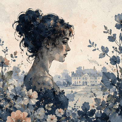 A young woman in profile among wildflowers before a country estate — Pride and Prejudice cover art for the Saylia podcast