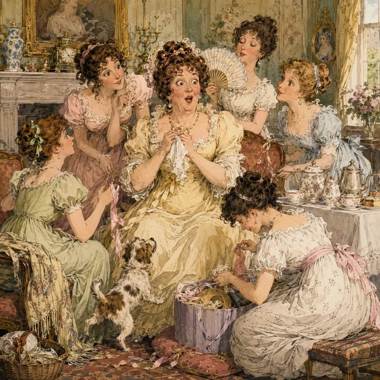 Mrs. Bennet and her daughters in a flutter — Pride and Prejudice cover art for the Saylia podcast