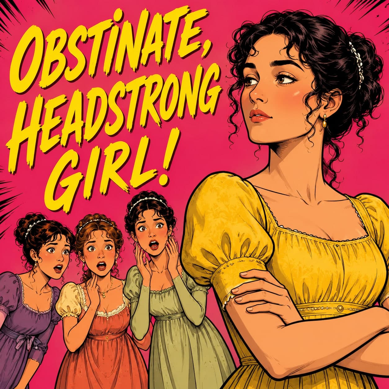 A defiant Elizabeth Bennet beside the pop-art words "Obstinate, Headstrong Girl!" — Pride and Prejudice cover art for the Saylia podcast