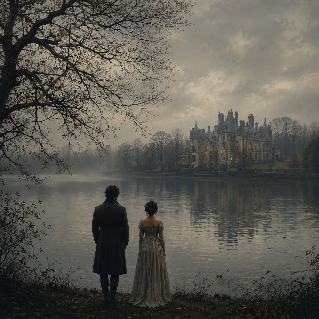 Two figures before a great house across a misty lake — Pride and Prejudice cover art for the Saylia podcast