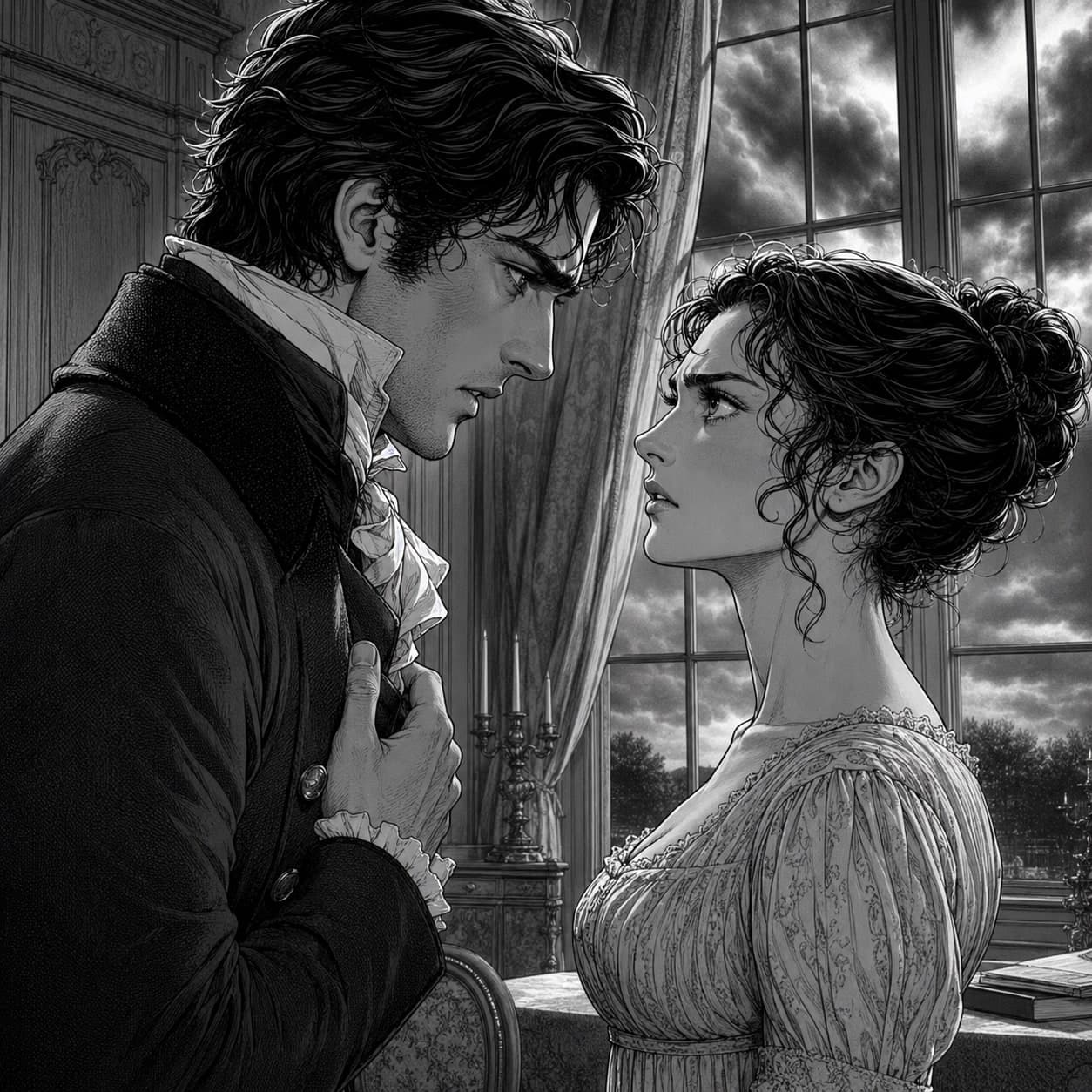 Elizabeth and Darcy in a charged confrontation — Pride and Prejudice cover art for the Saylia podcast