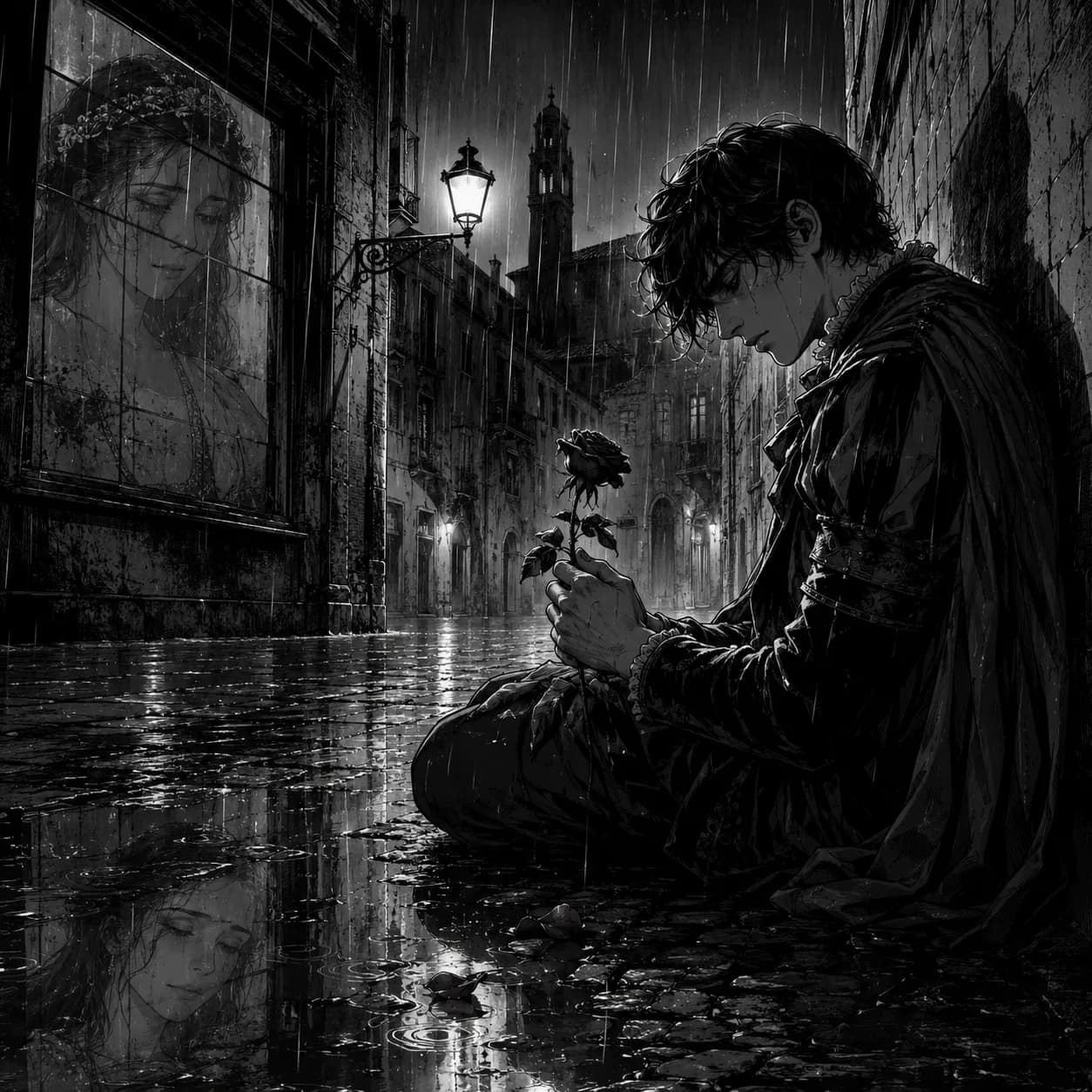 A lovesick Romeo alone in the rain before the feast — Romeo and Juliet cover art for the Saylia podcast