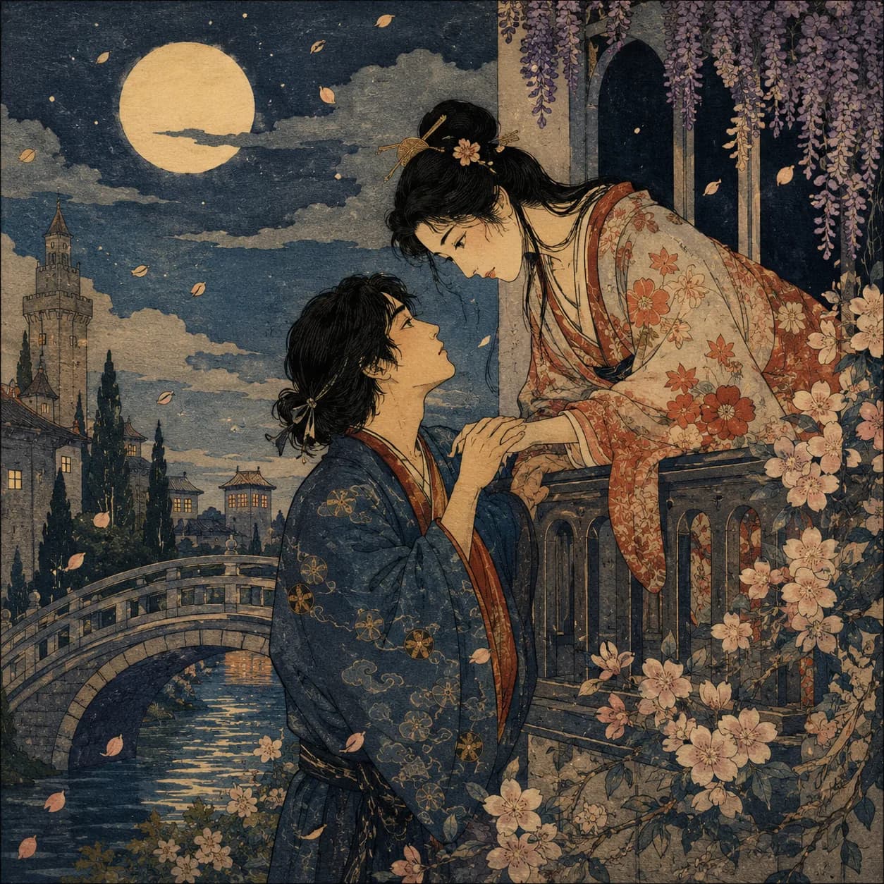 Romeo at the moonlit orchard wall below Juliet's balcony — Romeo and Juliet cover art for the Saylia podcast