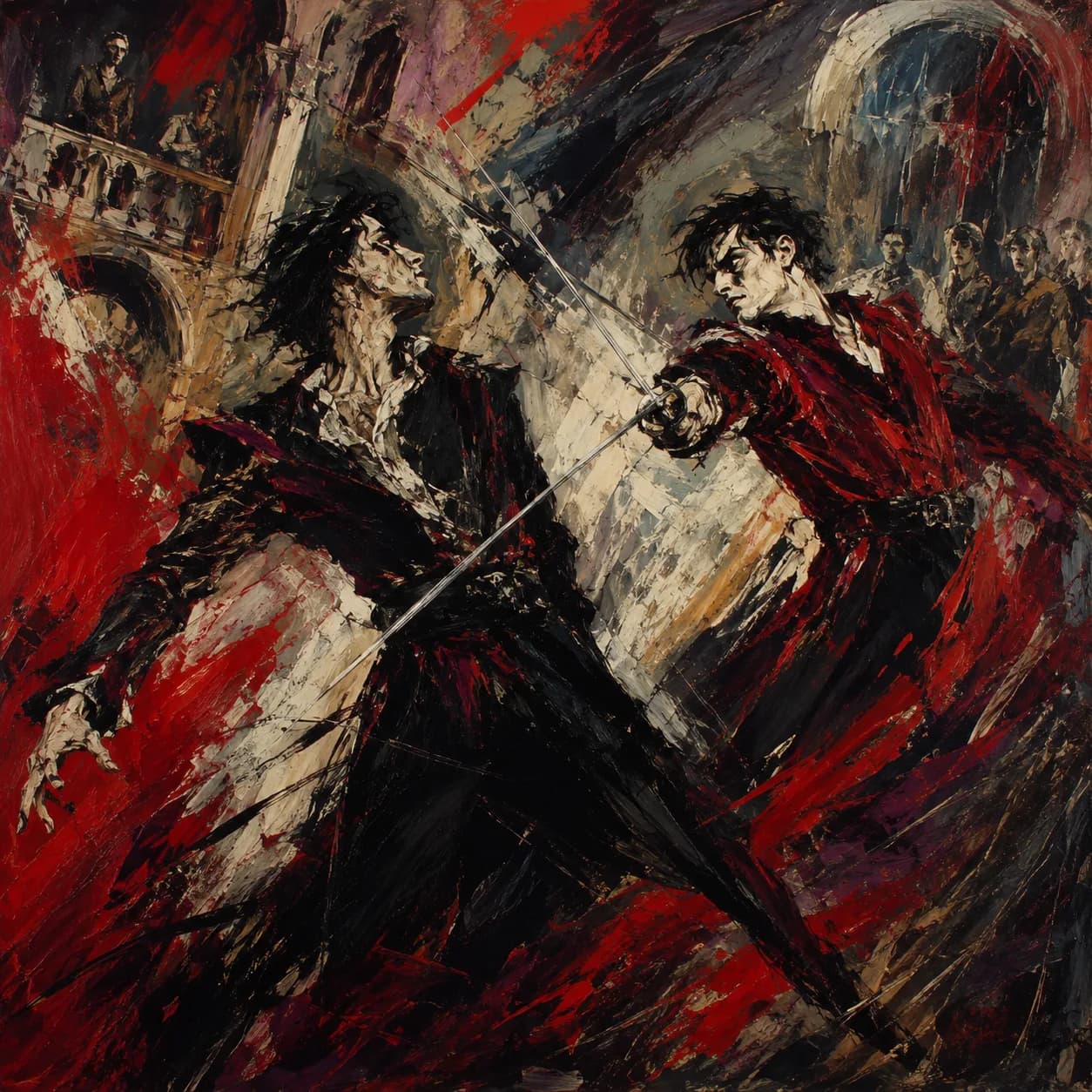 Mercutio cursing both houses as he falls in the square — Romeo and Juliet cover art for the Saylia podcast