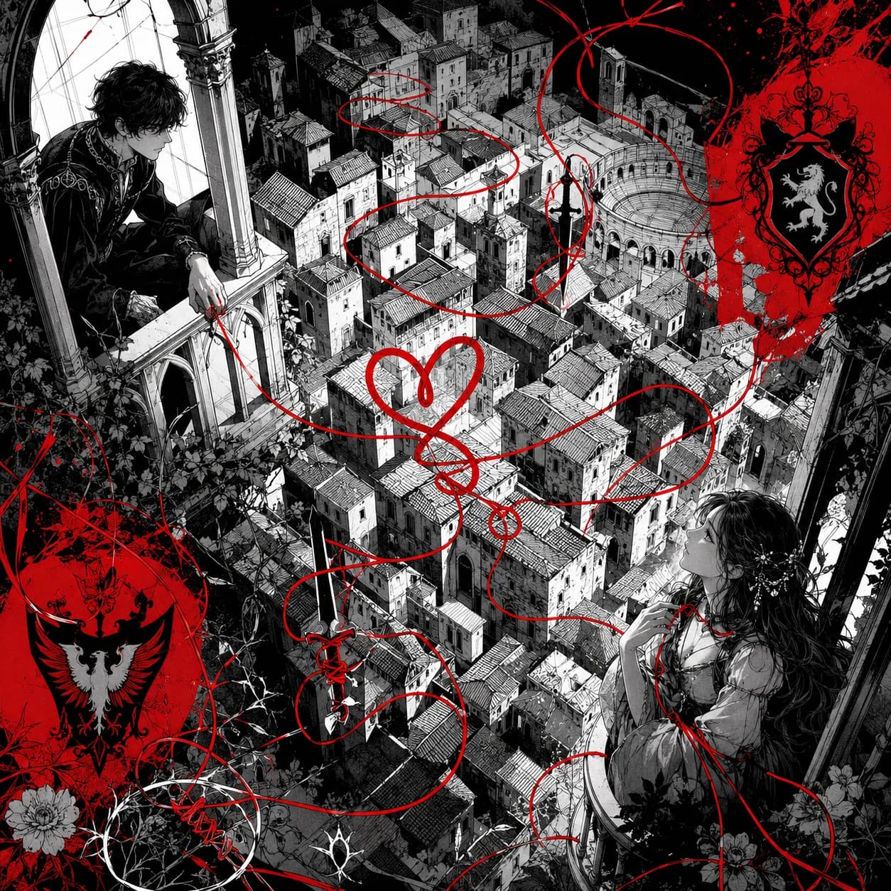 The two feuding houses of Verona facing off — Romeo and Juliet cover art for the Saylia podcast