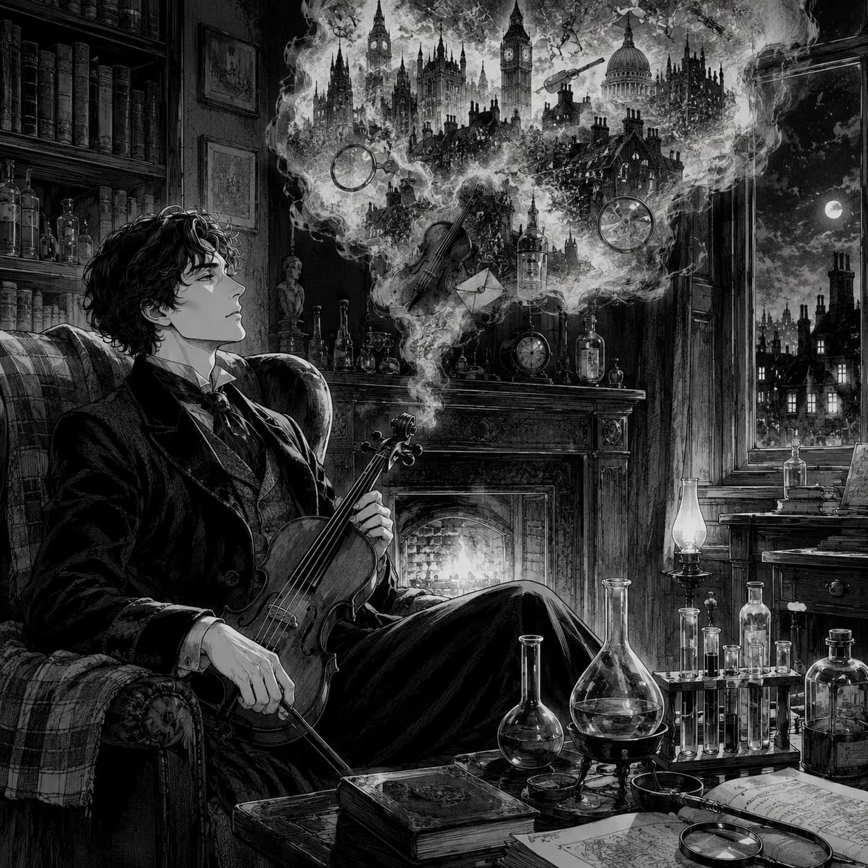 Sherlock Holmes slumped in his chair between cases amid his chemical apparatus — The Adventures of Sherlock Holmes cover art for the Saylia podcast