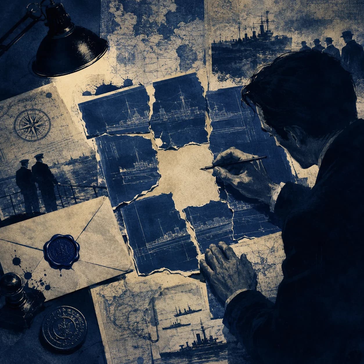A cyanotype-blue collage of case documents beneath a magnifying glass — The Adventures of Sherlock Holmes cover art for the Saylia podcast