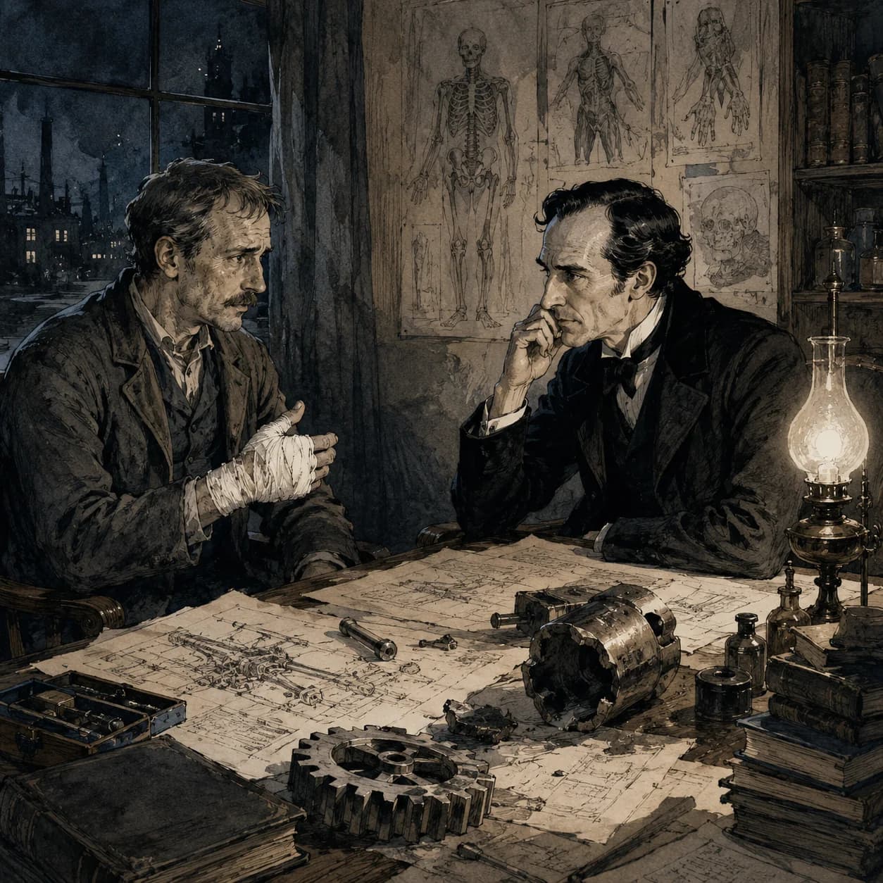 Holmes and Watson conferring by lamplight over case papers — The Adventures of Sherlock Holmes cover art for the Saylia podcast