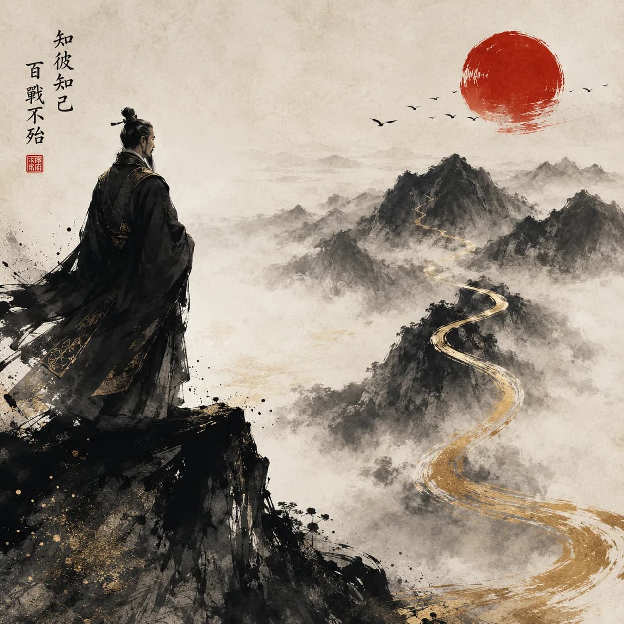 A lone figure at still water under a quiet sky — The Art of War cover art for the Saylia podcast