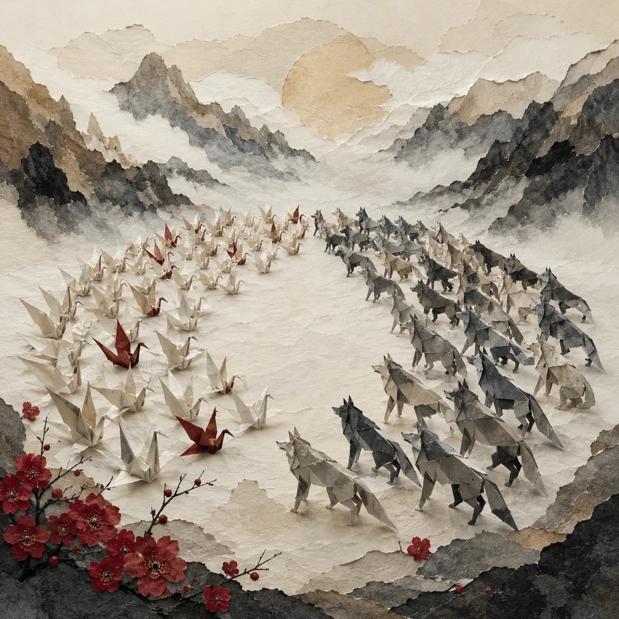 A figure half-hidden in shifting mist — The Art of War cover art for the Saylia podcast