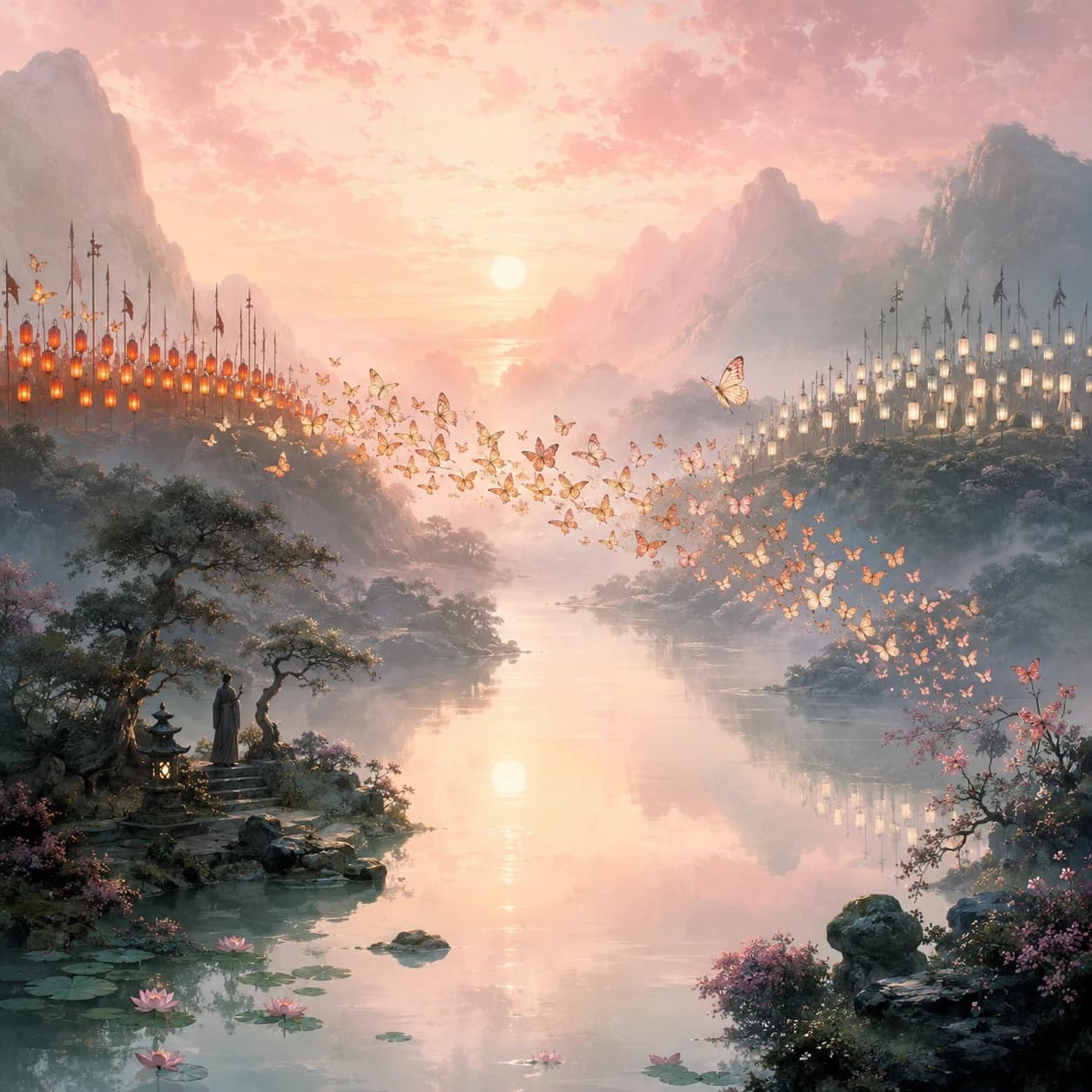 A calm river at dawn between two banks of lanterns, mist and falling blossoms — The Art of War cover art for the Saylia podcast