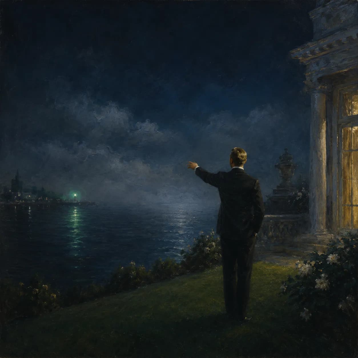 Gatsby reaching across the dark bay toward a single green light — The Great Gatsby cover art for the Saylia podcast