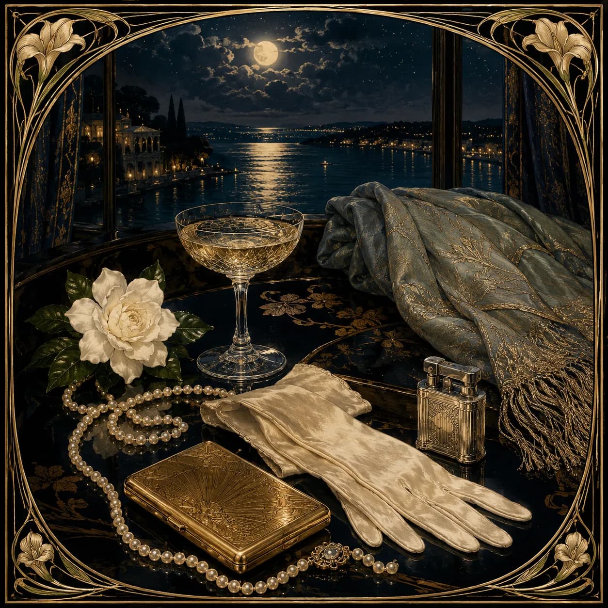 A raised champagne glass in a Jazz-Age still life — The Great Gatsby cover art for the Saylia podcast