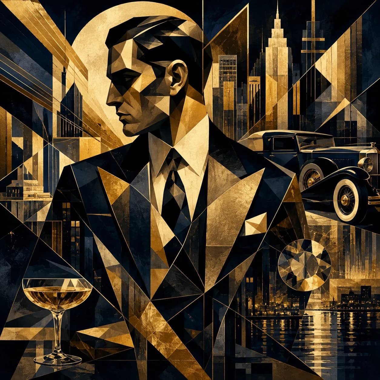 An art-deco portrait of Gatsby in profile, gold and black — The Great Gatsby cover art for the Saylia podcast
