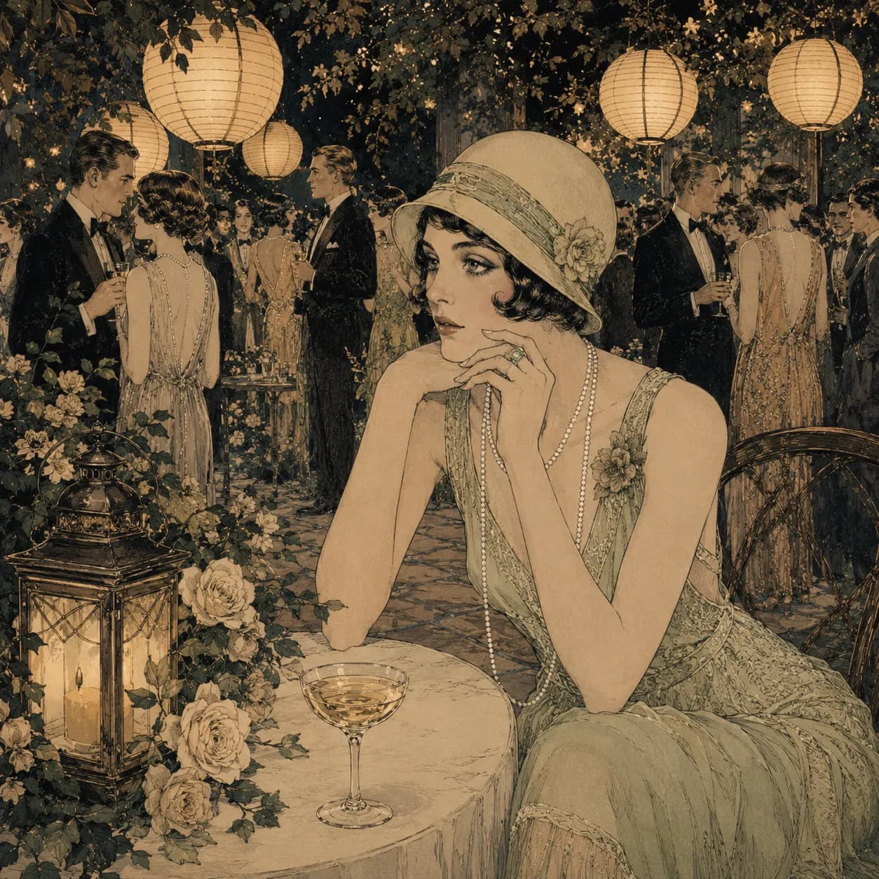 A lone figure standing apart at a crowded Jazz-Age party — The Great Gatsby cover art for the Saylia podcast